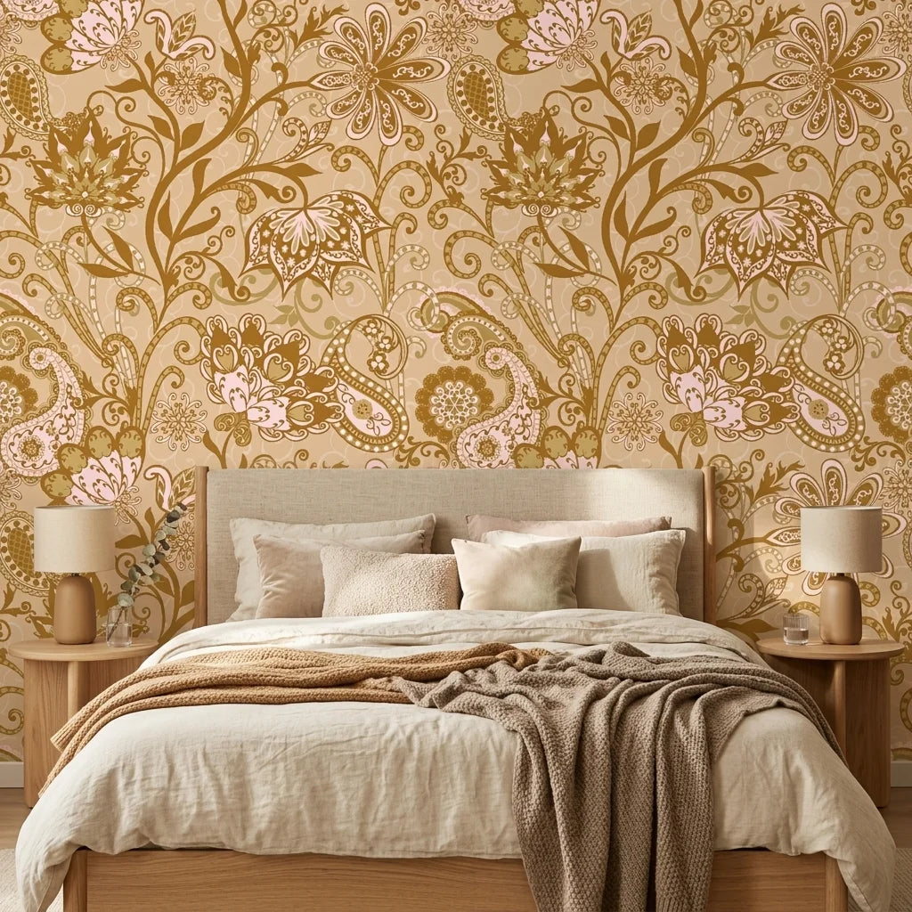 Gilded Tapestry warm gold paisley floral wallpaper in a warm and inviting living room