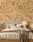 Gilded Tapestry warm gold paisley floral wallpaper in a warm and inviting living room