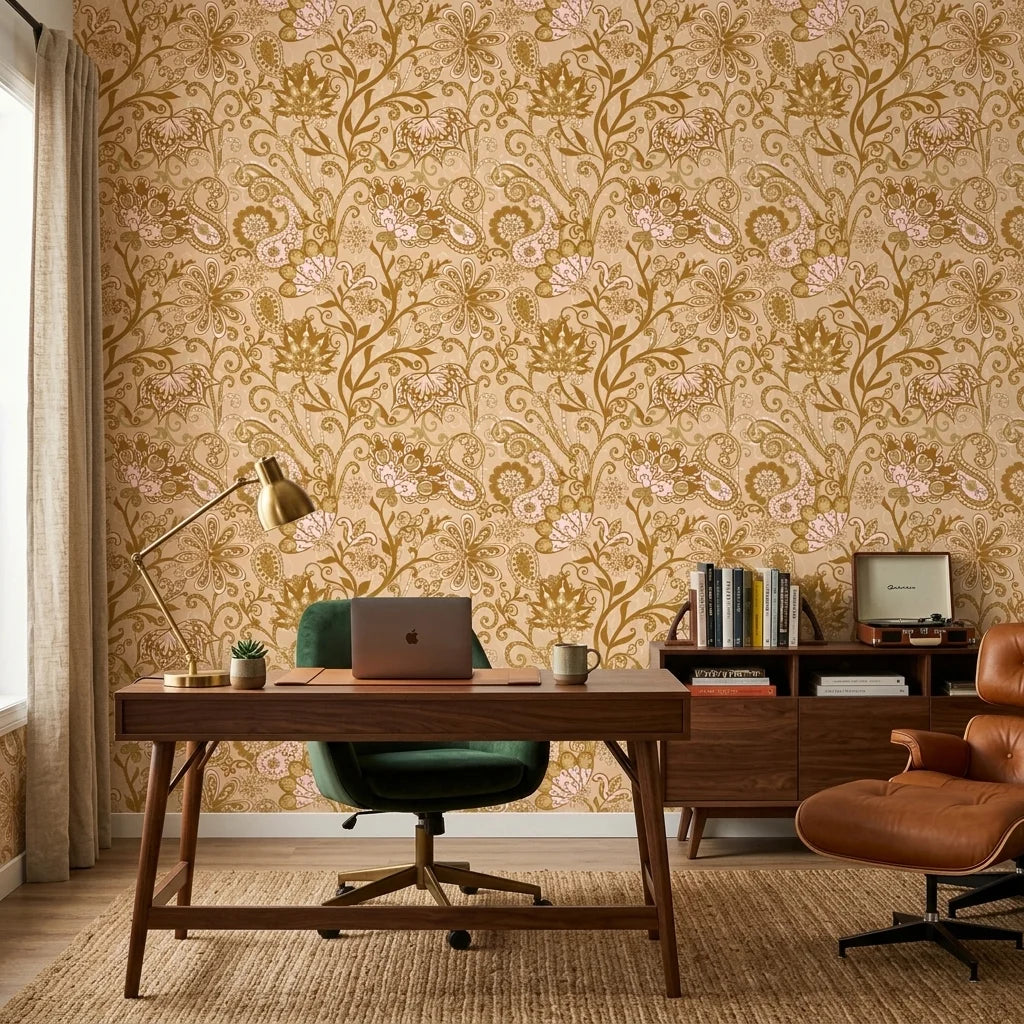 Gilded Tapestry warm gold paisley floral wallpaper adding character to a cozy bedroom