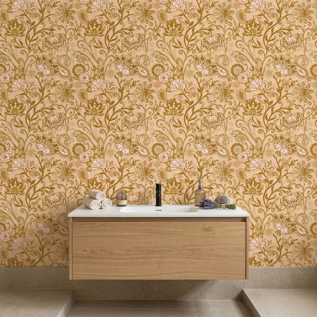 Gilded Tapestry warm gold paisley floral wallpaper as a feature wall in a bright home office