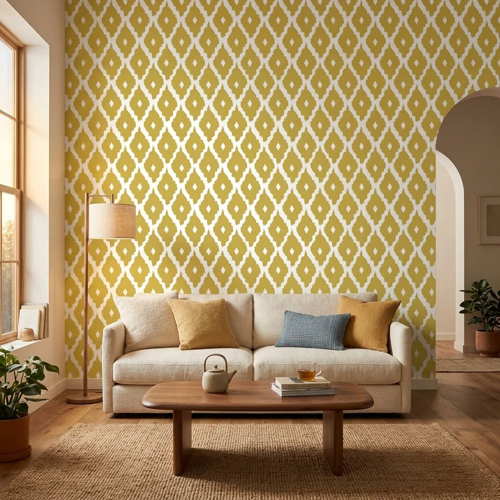 Gilded Temple golden geometric peel and stick wallpaper in a warm and inviting living room