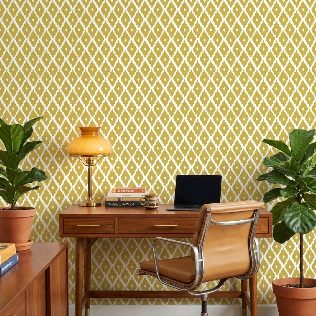 Gilded Temple golden geometric peel and stick wallpaper as a feature wall in a bright home office