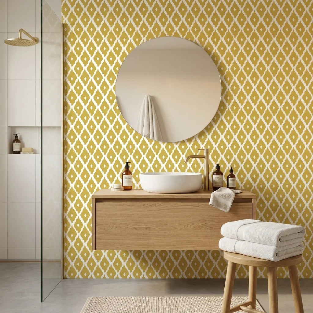 Gilded Temple golden geometric peel and stick wallpaper creating ambiance in a serene bathroom