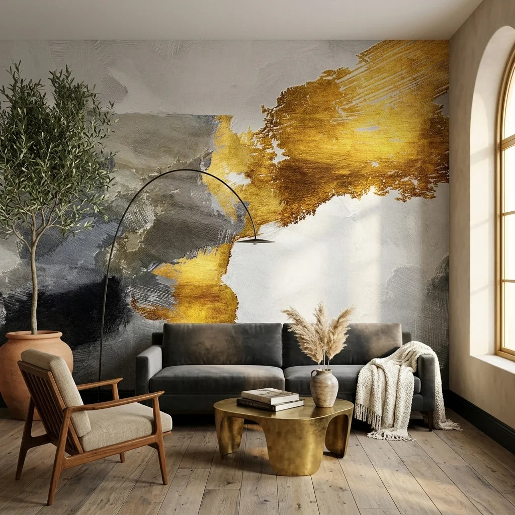 Canvas-like gold and charcoal abstract brushstroke peel and stick wallpaper - Gilded Thunder