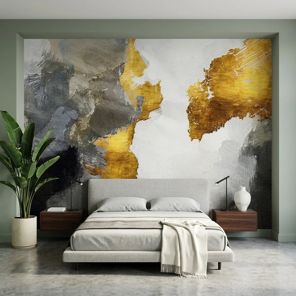 Gilded Thunder gold and charcoal abstract wallpaper in a warm and inviting living room