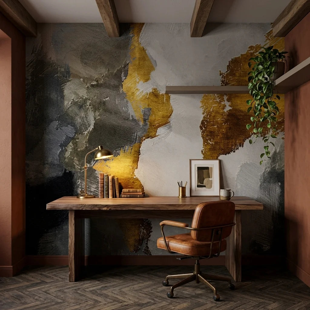 Gilded Thunder gold and charcoal abstract wallpaper adding character to a cozy bedroom