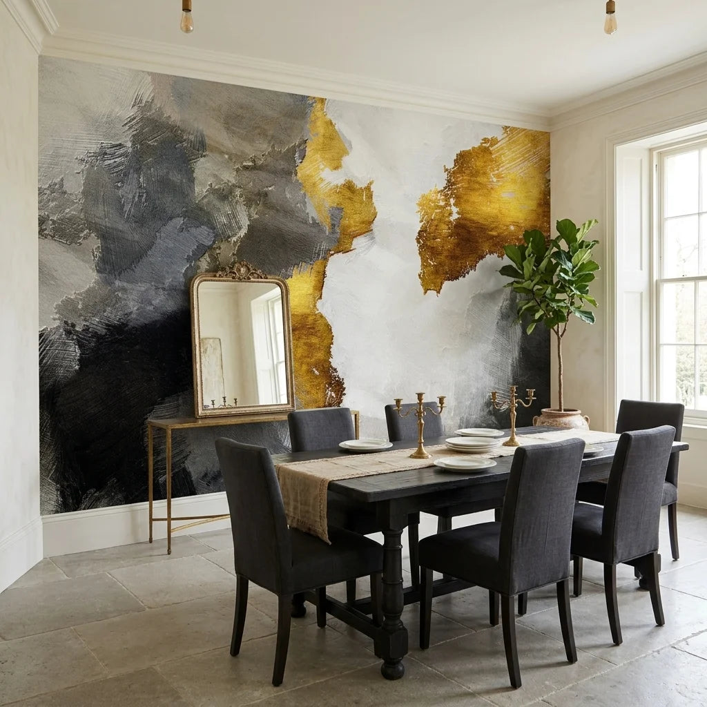Gilded Thunder gold and charcoal abstract wallpaper as a feature wall in a bright home office