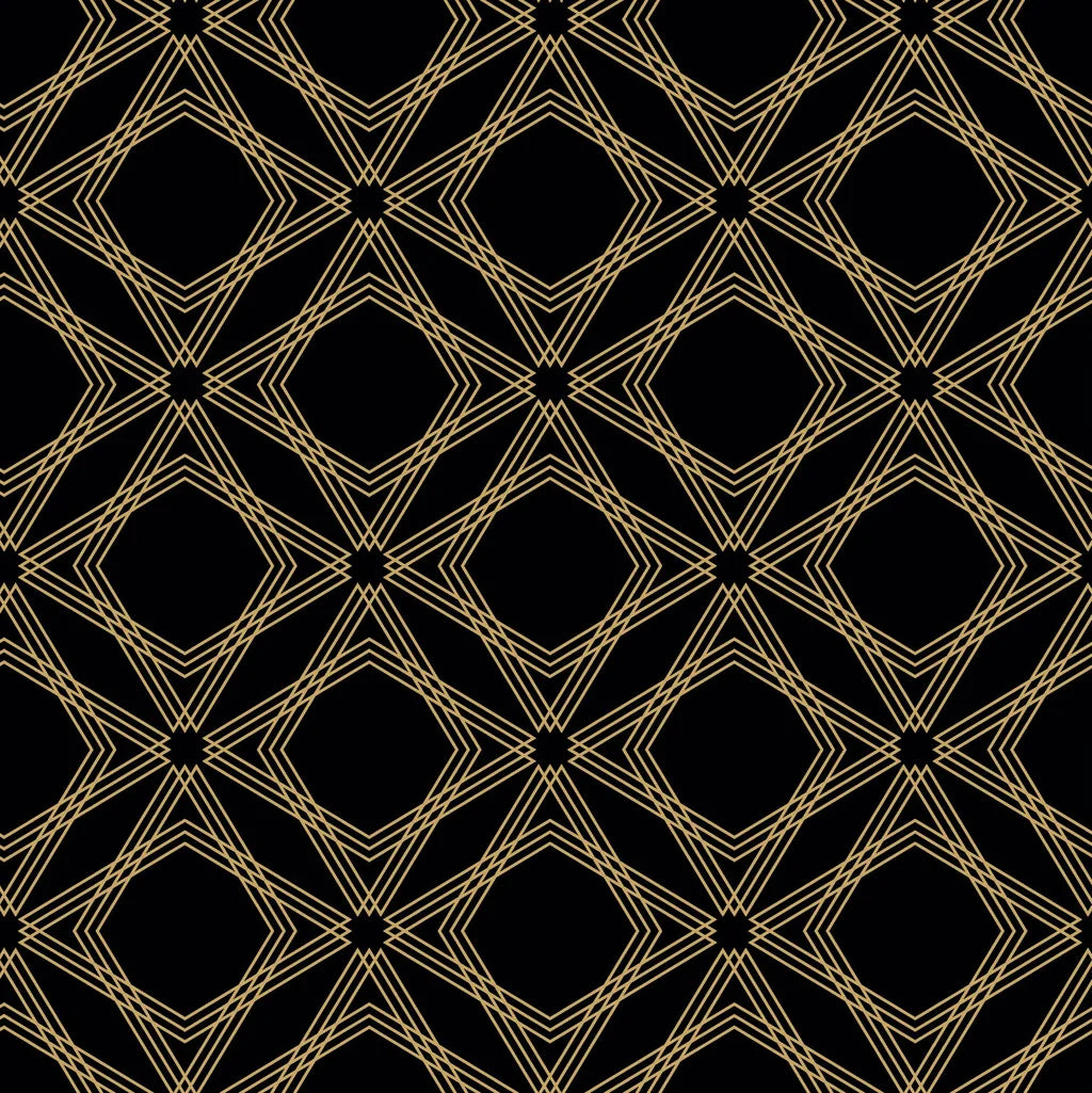Removable self-adhesive wallpaper featuring a black and gold diamond-shaped geometric trellis pattern