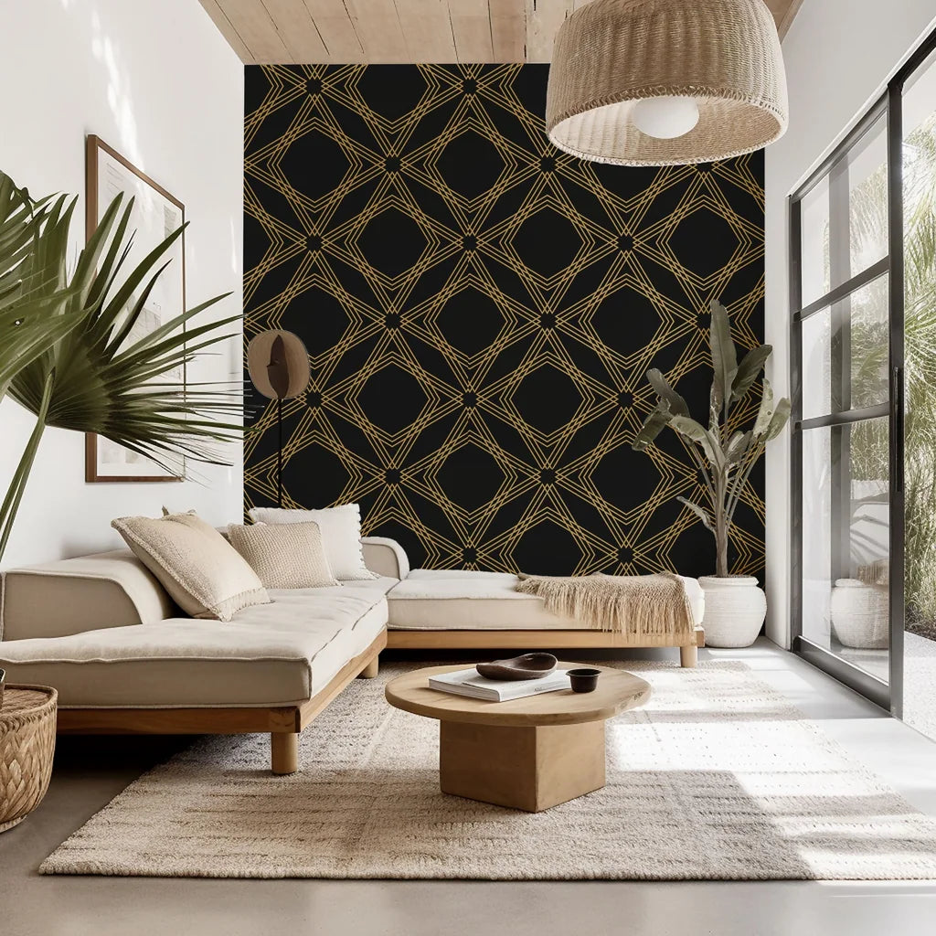 Self-adhesive wallpaper featuring a metallic gold and black diamond geometric trellis pattern.