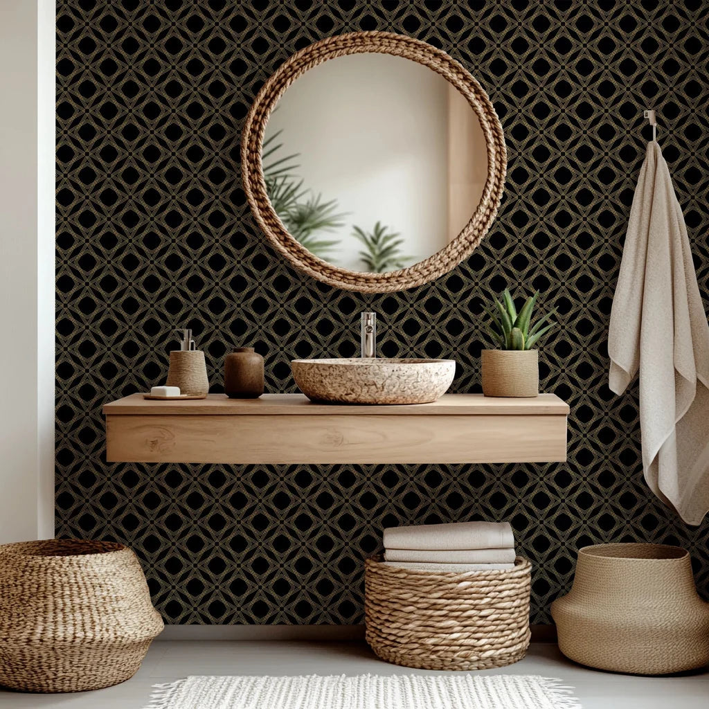 Gold and black self-adhesive wall covering featuring a geometric diamond trellis pattern, named Gilded Cage