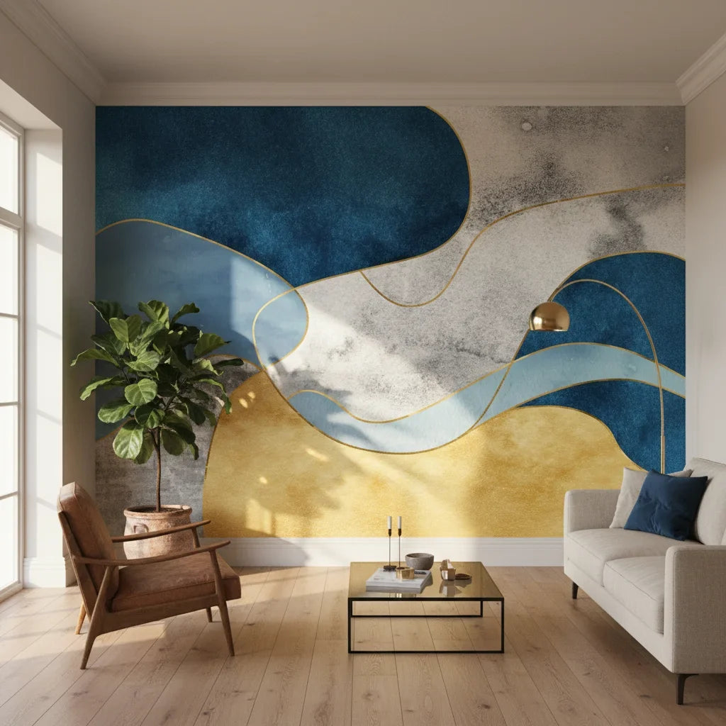 Gilded Contour navy gold abstract in a warm and inviting living room