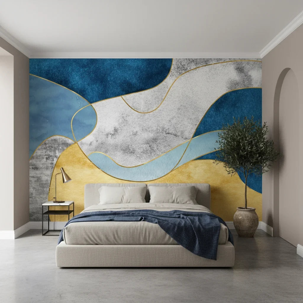 Gilded Contour navy gold abstract adding character to a cozy bedroom