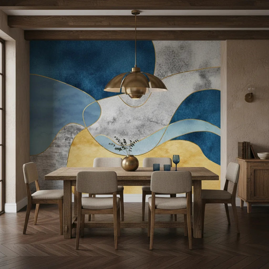 Gilded Contour navy gold abstract as a feature wall in a bright home office