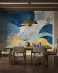 Gilded Contour navy gold abstract as a feature wall in a bright home office