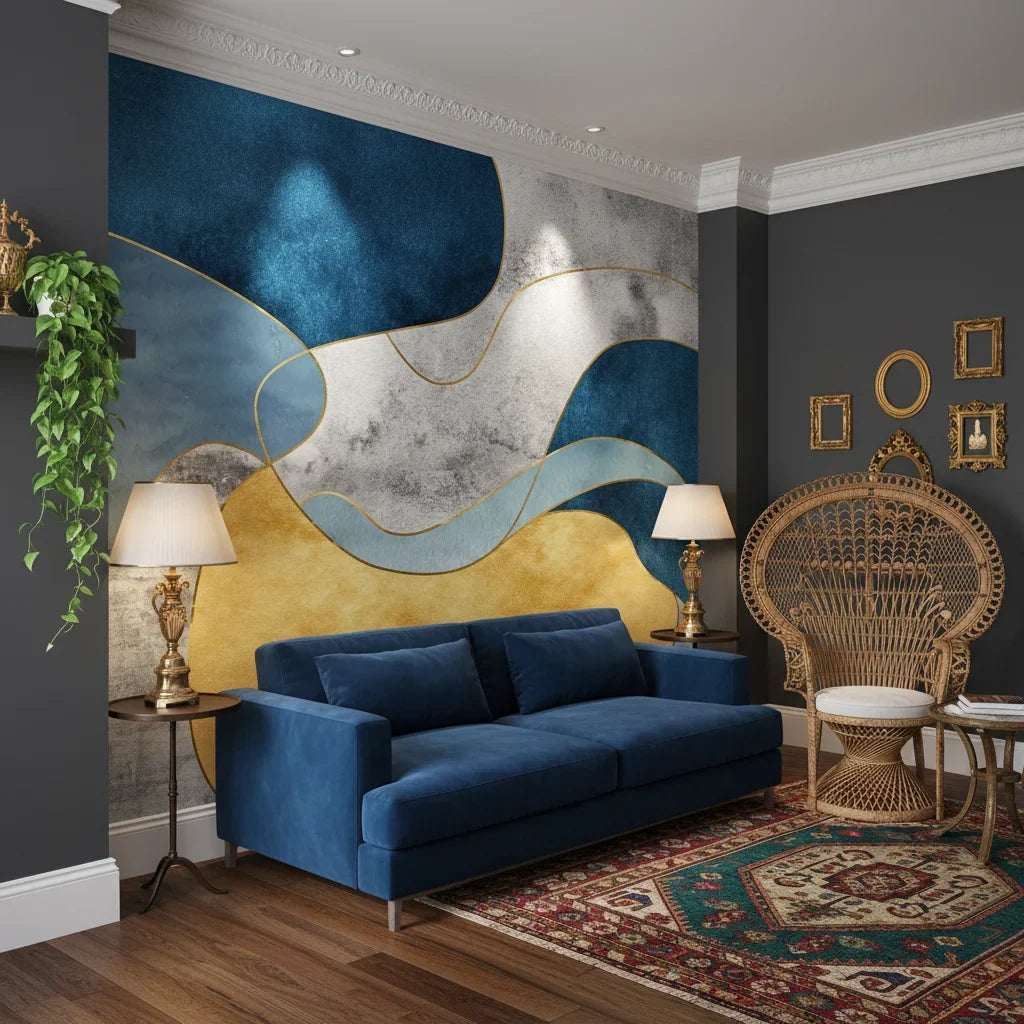 Gilded Contour navy gold abstract creating ambiance in a serene bathroom