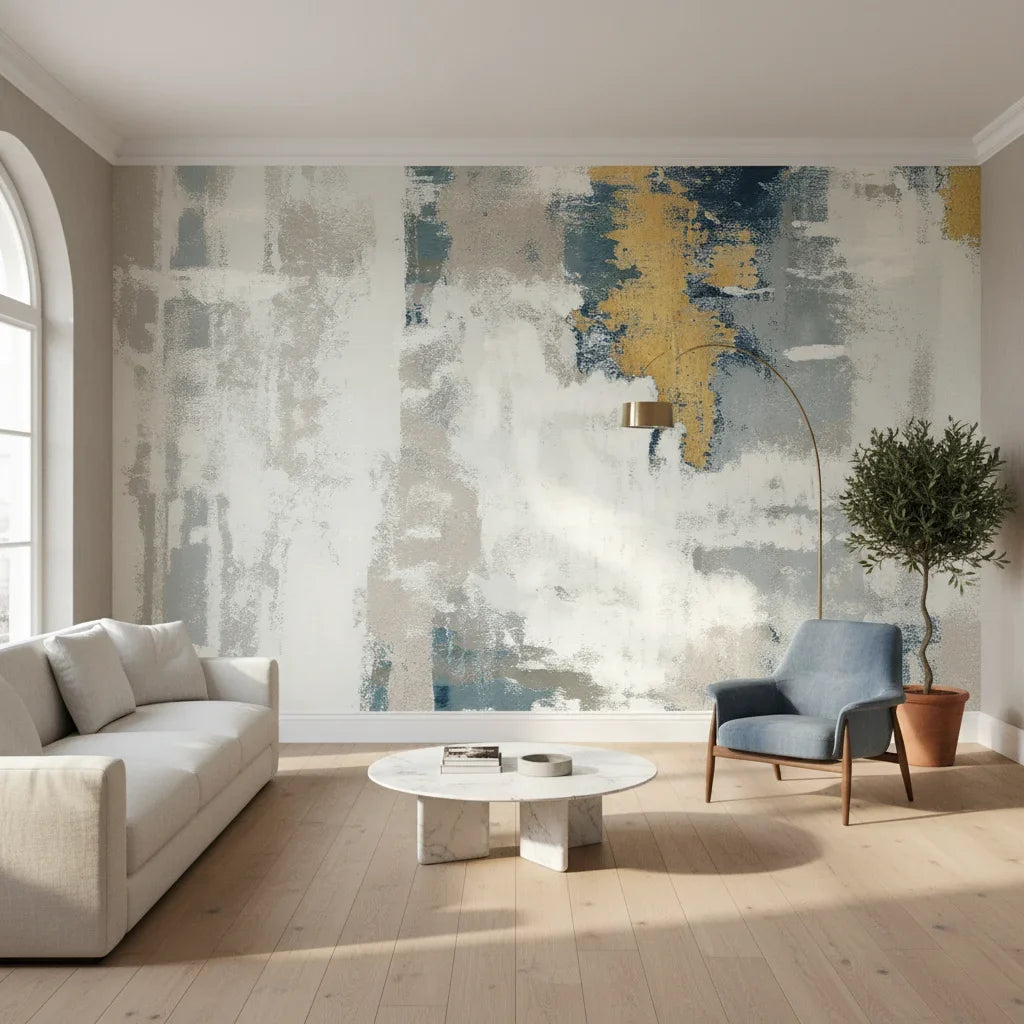 Gilded Fog soft grey and gold abstract in a warm and inviting living room