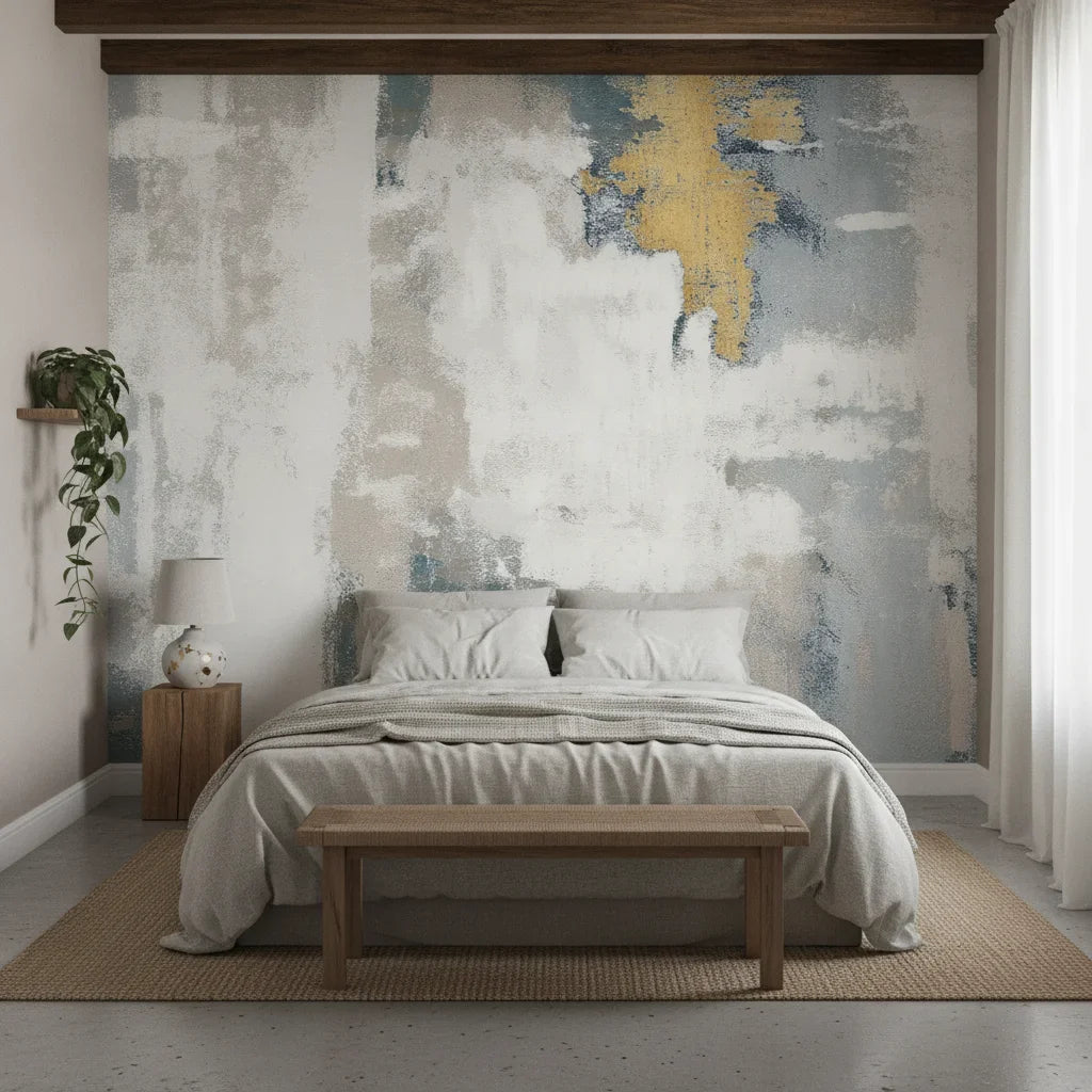 Gilded Fog soft grey and gold abstract adding character to a cozy bedroom