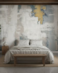 Gilded Fog soft grey and gold abstract adding character to a cozy bedroom