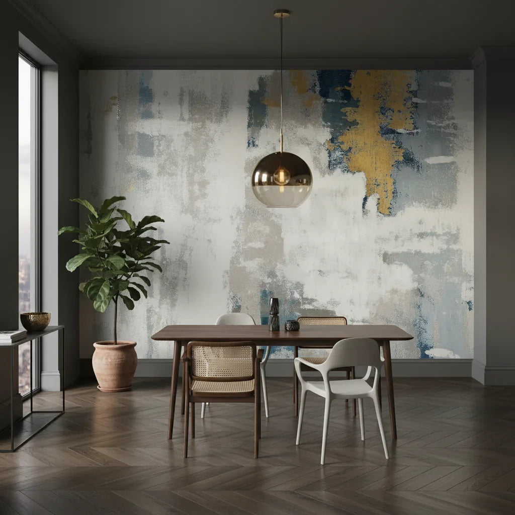 Gilded Fog soft grey and gold abstract as a feature wall in a bright home office