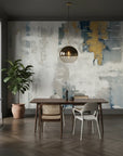 Gilded Fog soft grey and gold abstract as a feature wall in a bright home office