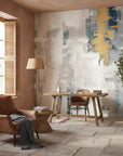 Gilded Fog soft grey and gold abstract creating ambiance in a serene bathroom