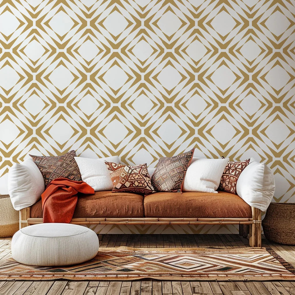 Self-adhesive 'Gilded Shards' wallpaper featuring a geometric diamond pattern in gold and white