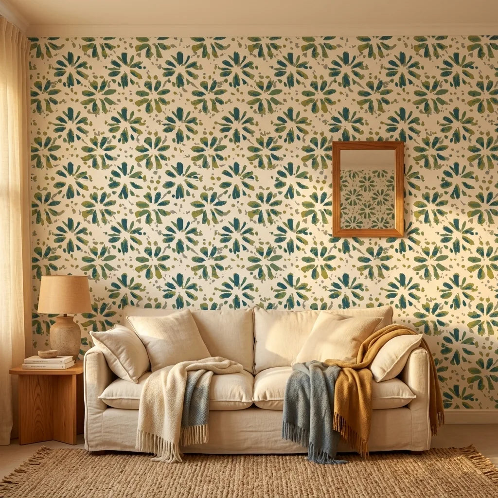 Gilt Scatter blue and green floral wallpaper in a warm and inviting living room