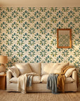 Gilt Scatter blue and green floral wallpaper in a warm and inviting living room