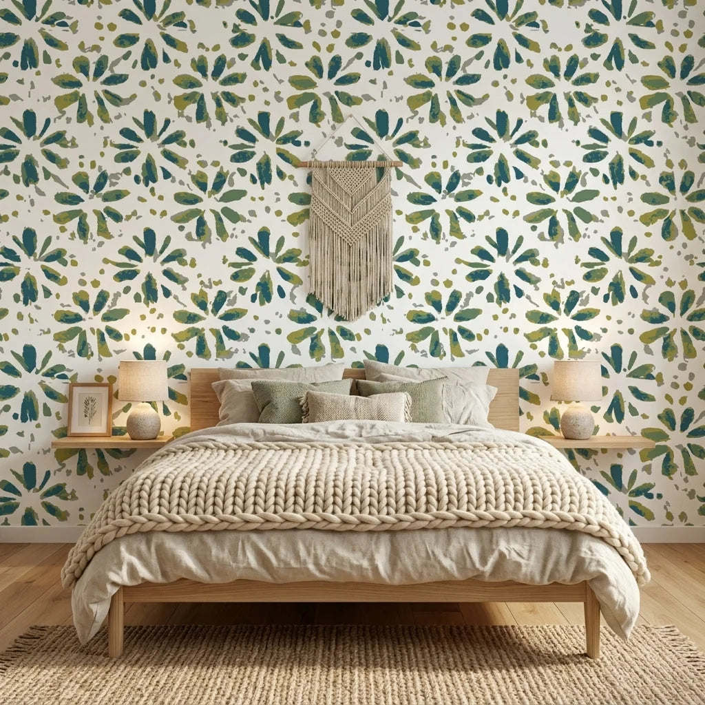 Gilt Scatter blue and green floral wallpaper adding character to a cozy bedroom