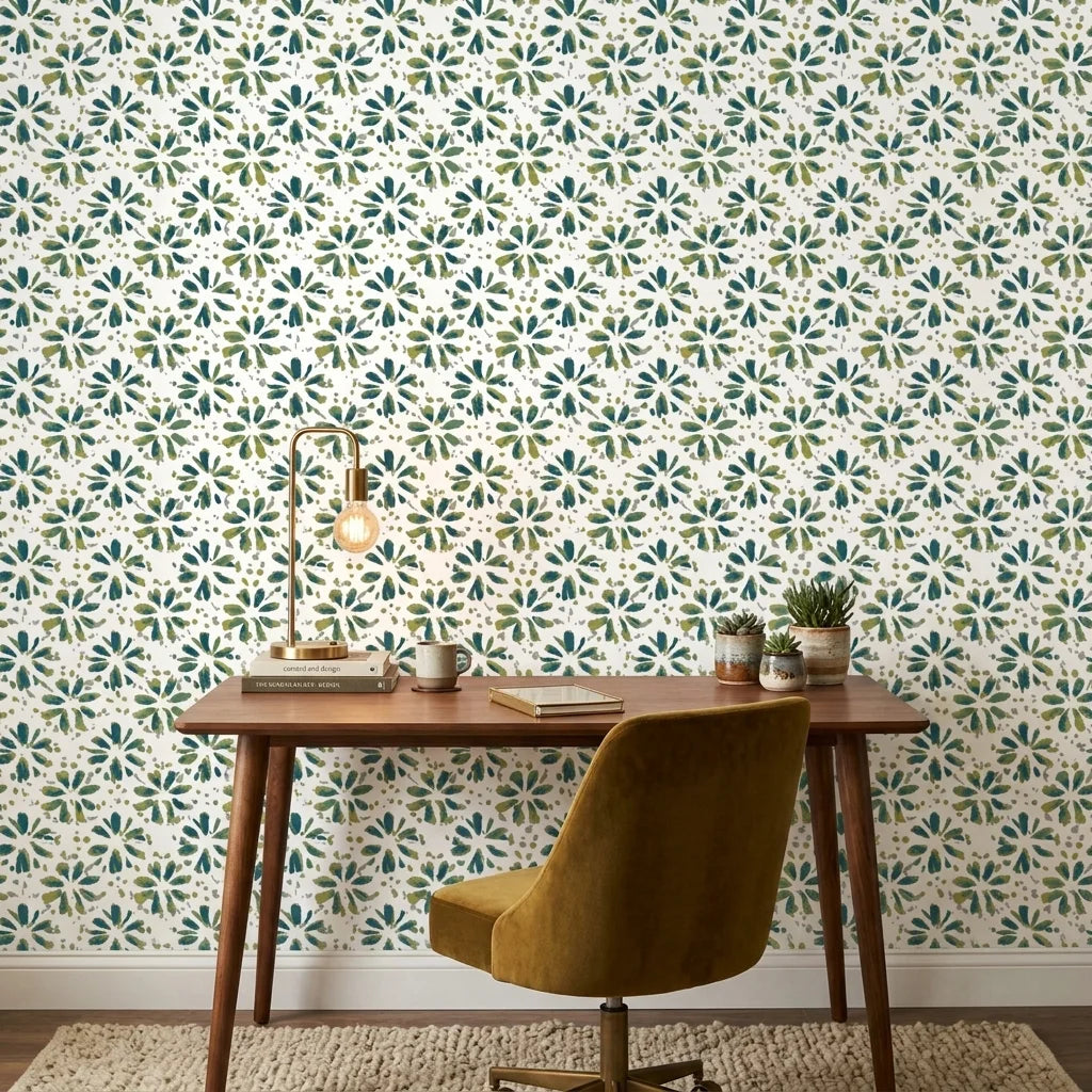 Gilt Scatter blue and green floral wallpaper as a feature wall in a bright home office