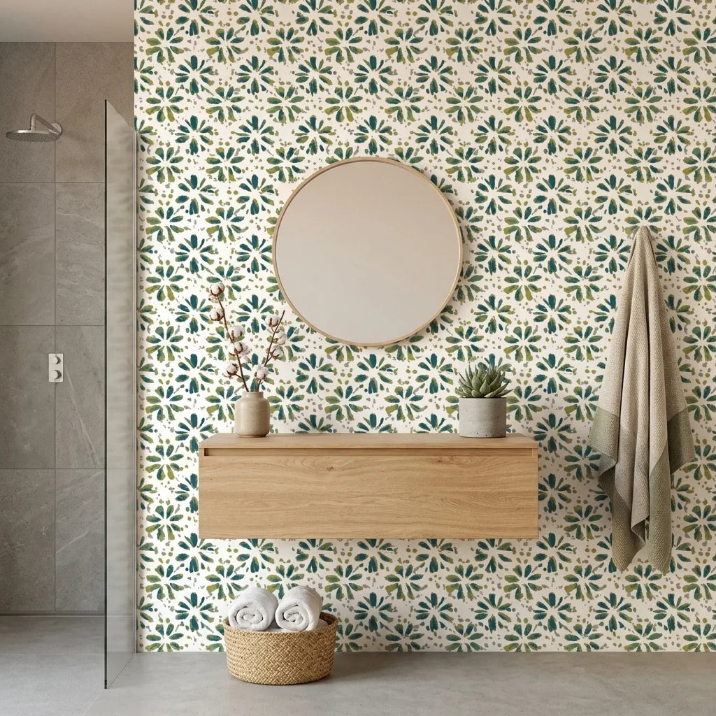 Gilt Scatter blue and green floral wallpaper creating ambiance in a serene bathroom