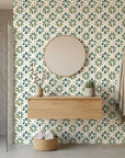 Gilt Scatter blue and green floral wallpaper creating ambiance in a serene bathroom