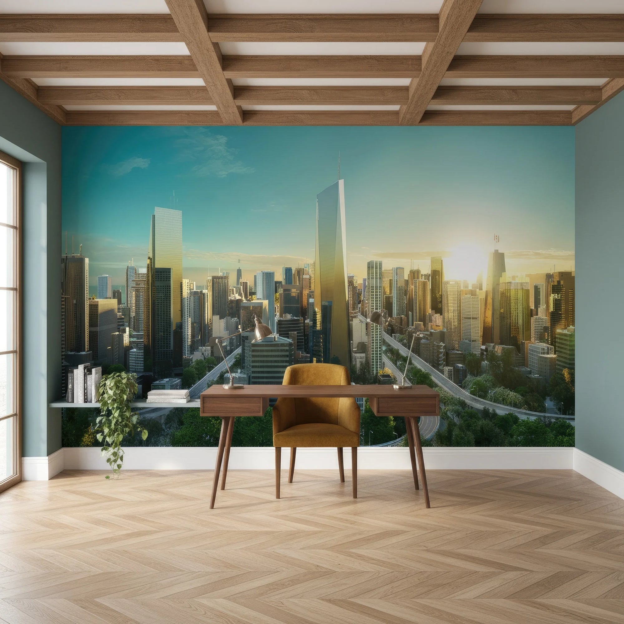 Modern city skyline Glass & Gold mural wallpaper in home office with turquoise and golden sunset tones