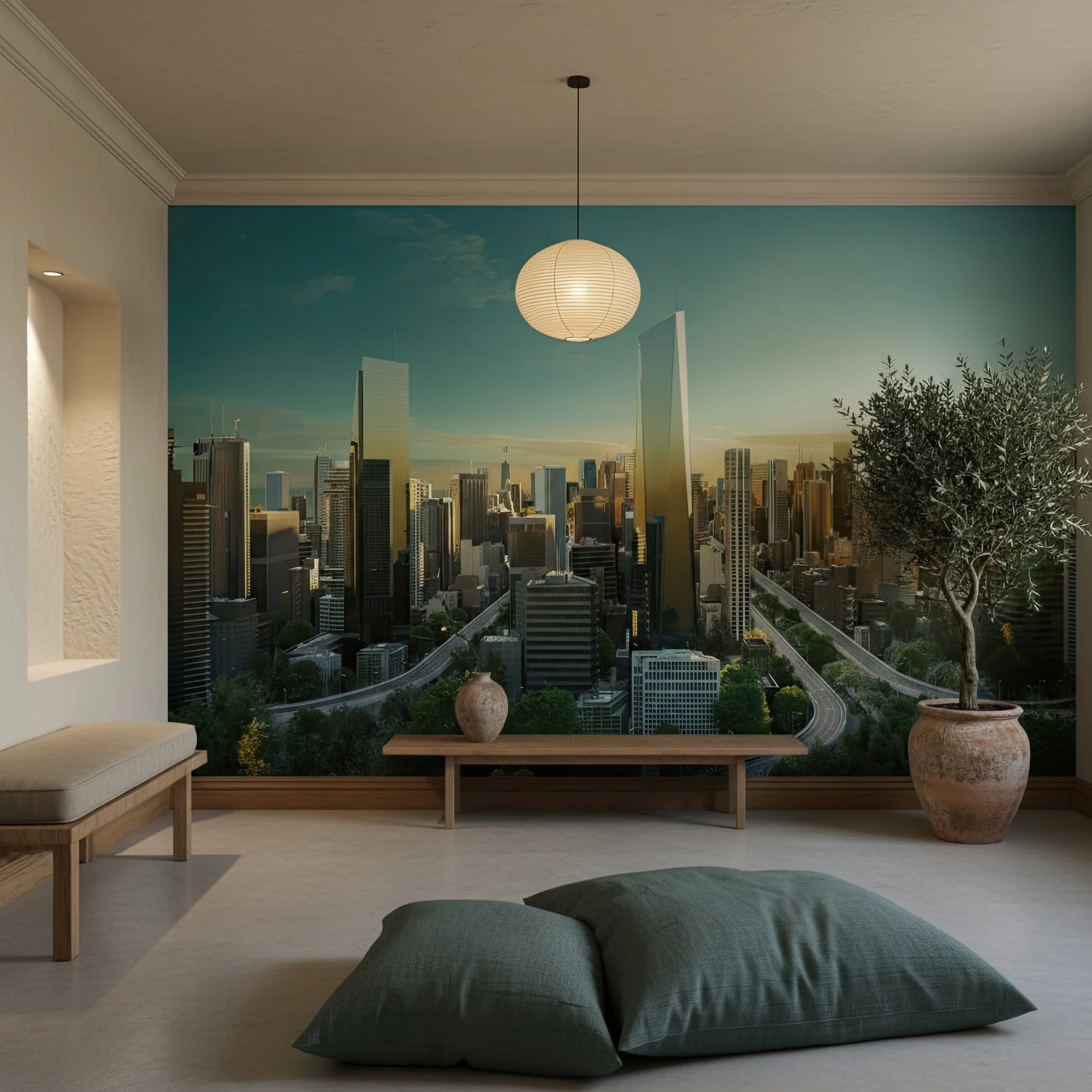 Glass & Gold futuristic cityscape mural wallpaper on modern living room accent wall with green sky gradient