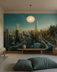 Glass & Gold futuristic cityscape mural wallpaper on modern living room accent wall with green sky gradient