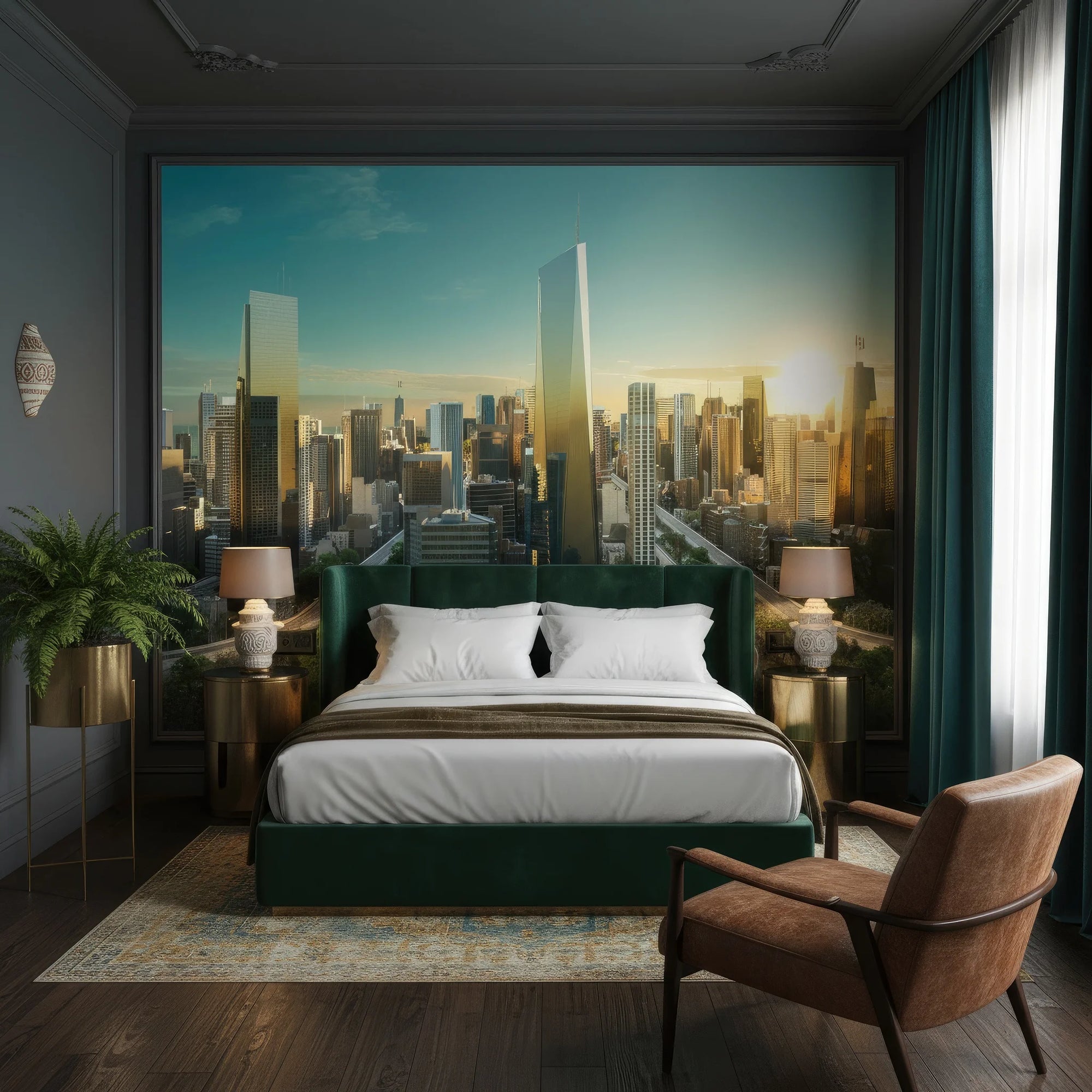 Teal and gold Glass & Gold cityscape mural wallpaper behind modern bedroom headboard