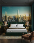Teal and gold Glass & Gold cityscape mural wallpaper behind modern bedroom headboard