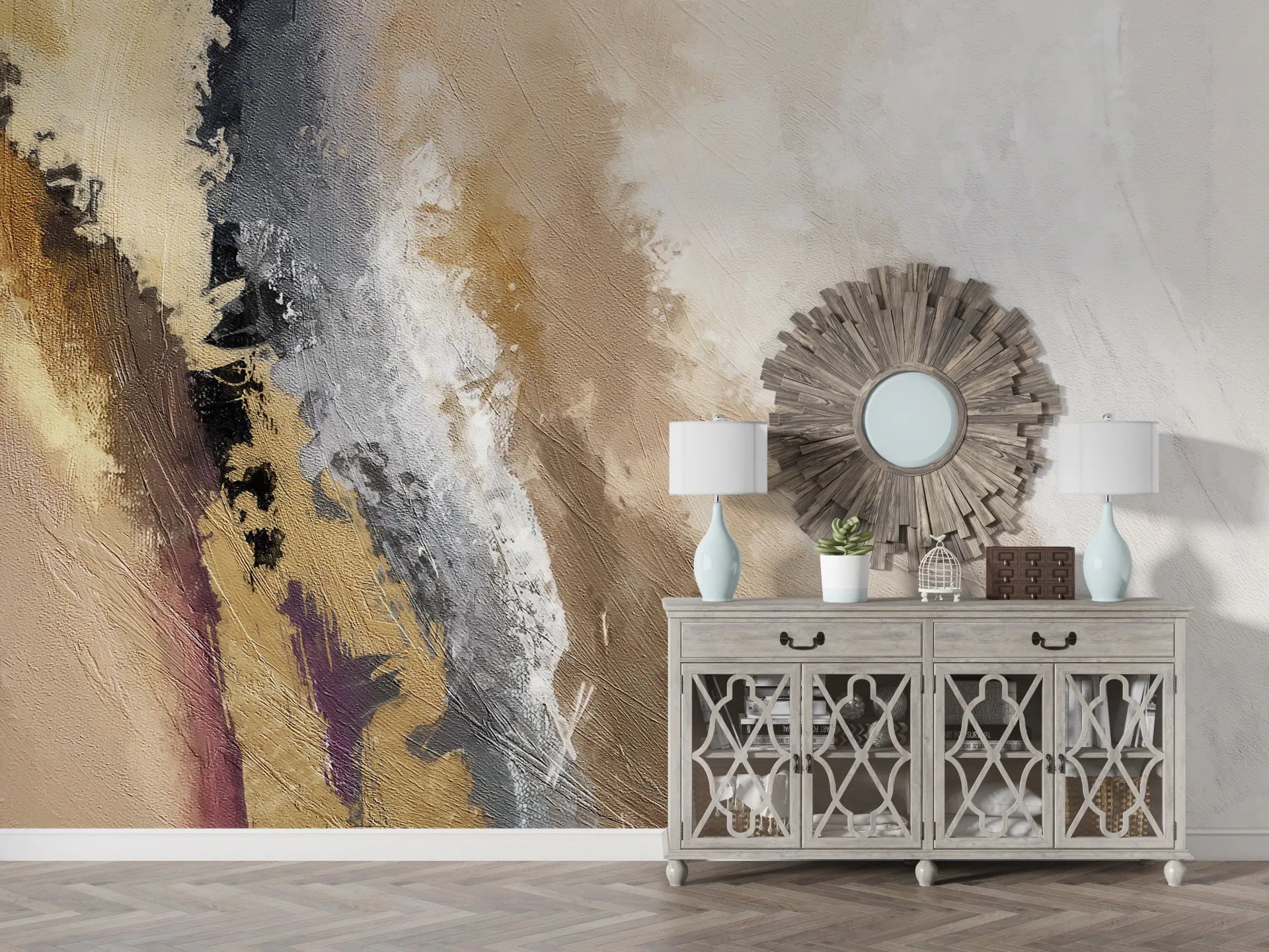 Abstract gold, gray, and burgundy brushstroke wallpaper creating textured artistic accent wall in modern entryway