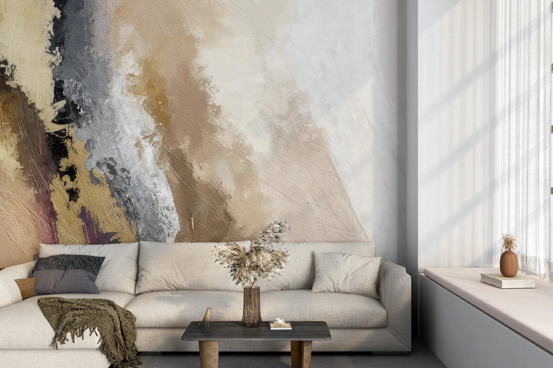 Gold and gray abstract brushstroke wallpaper on modern living room accent wall with neutral furnishings