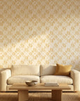 Gold Confetti abstract honeycomb wallpaper in a warm and inviting living room