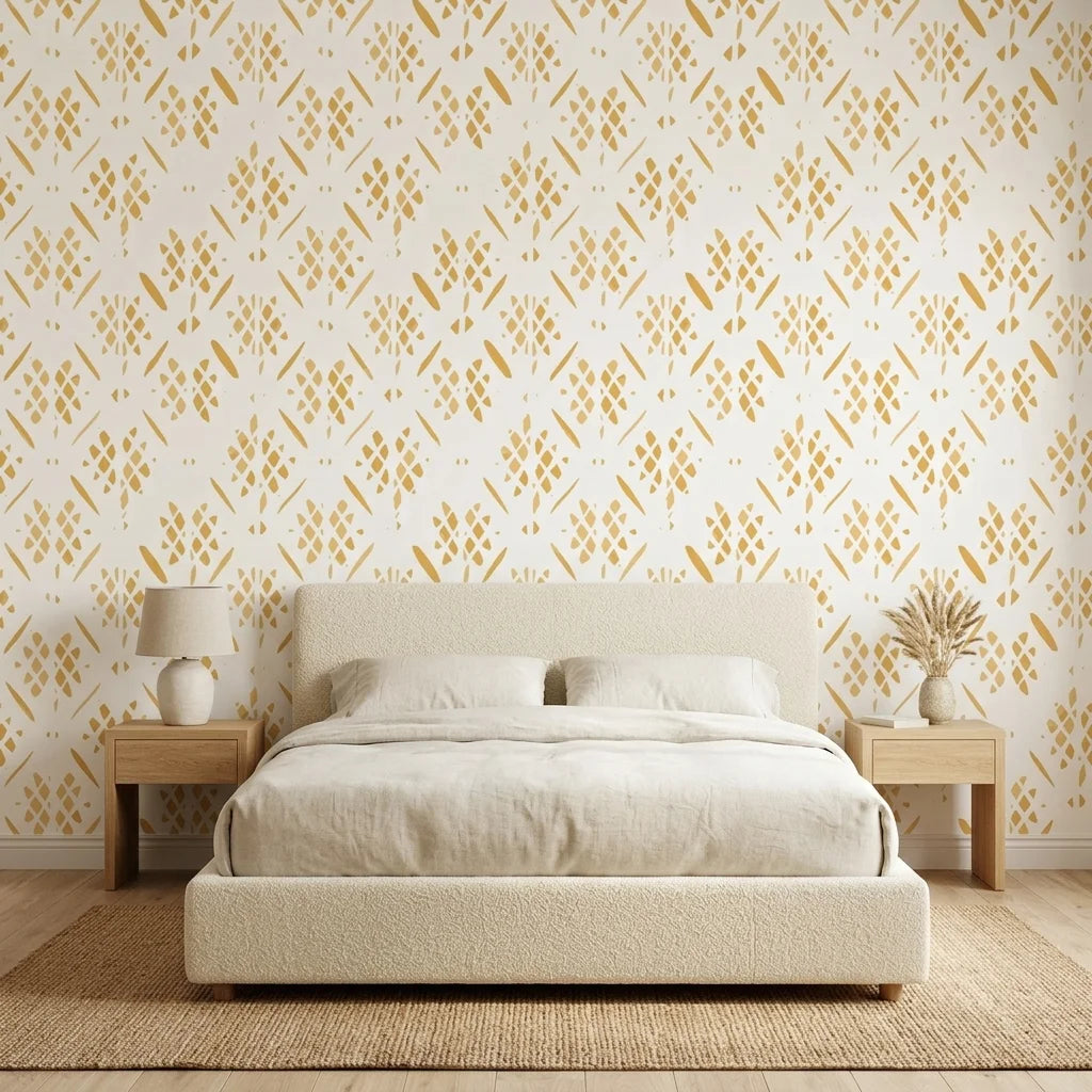 Gold Confetti abstract honeycomb wallpaper adding character to a cozy bedroom