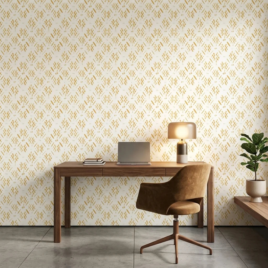 Gold Confetti abstract honeycomb wallpaper as a feature wall in a bright home office