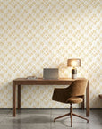 Gold Confetti abstract honeycomb wallpaper as a feature wall in a bright home office