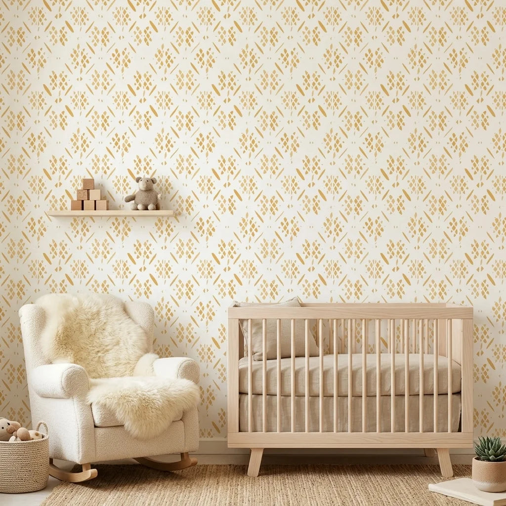 Gold Confetti abstract honeycomb wallpaper bringing warmth to a peaceful nursery