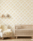 Gold Confetti abstract honeycomb wallpaper bringing warmth to a peaceful nursery