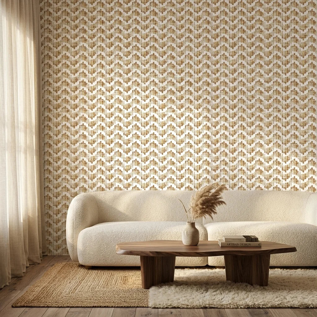 Gold Dash neutral abstract peel and stick wallpaper in a warm and inviting living room