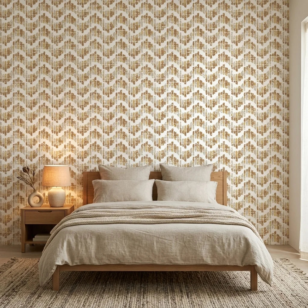 Gold Dash neutral abstract peel and stick wallpaper adding character to a cozy bedroom
