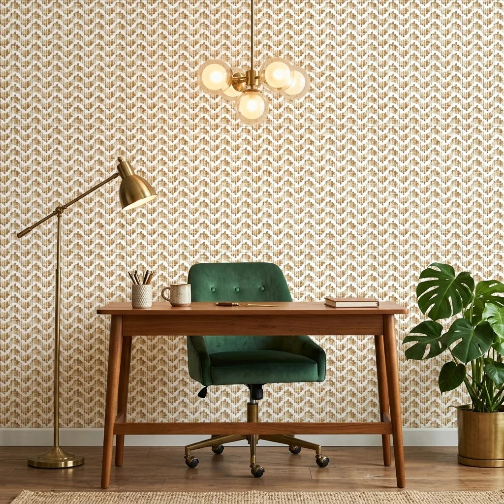 Gold Dash neutral abstract peel and stick wallpaper as a feature wall in a bright home office