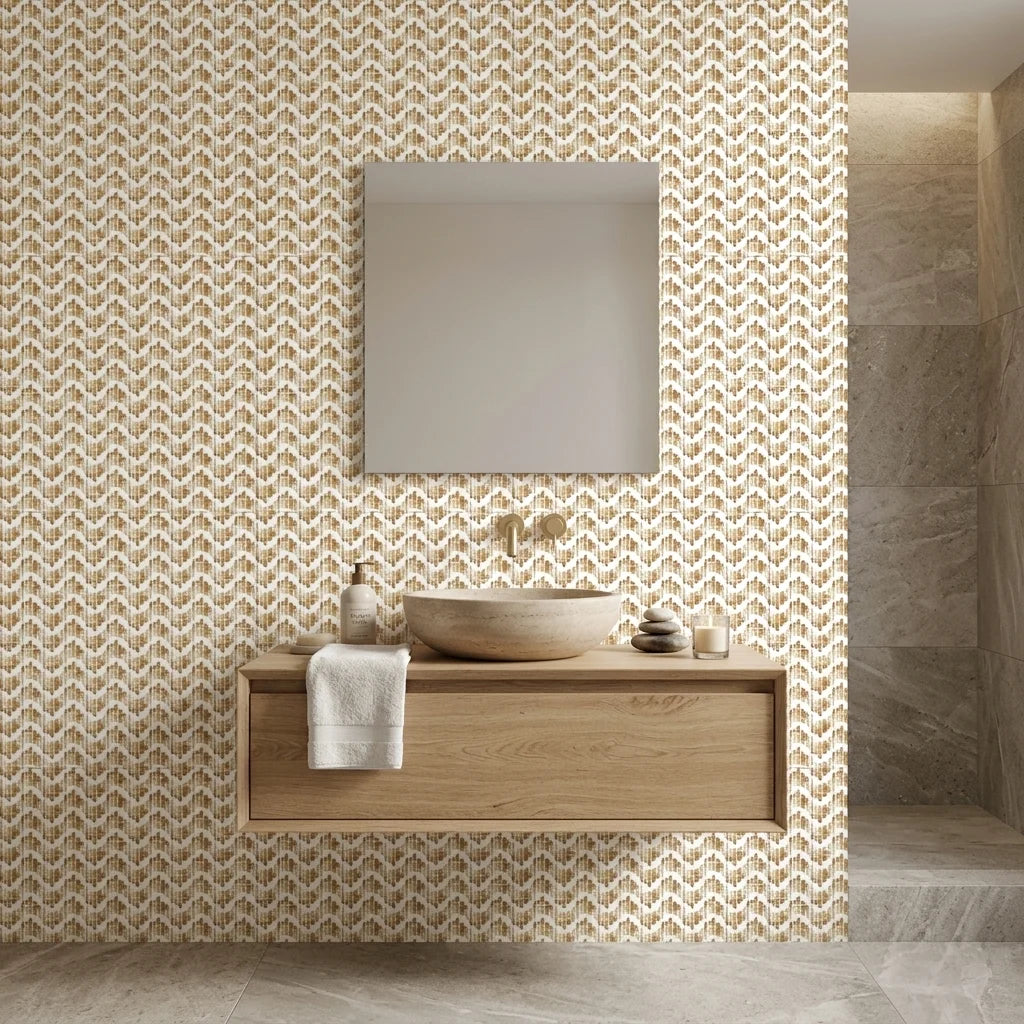 Gold Dash neutral abstract peel and stick wallpaper creating ambiance in a serene bathroom