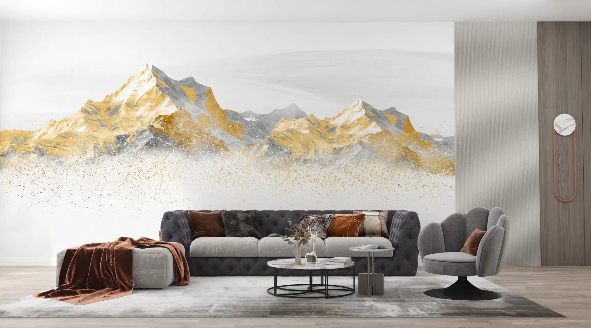 Gold and gray mountain range wallpaper with metallic speckles on modern living room wall
